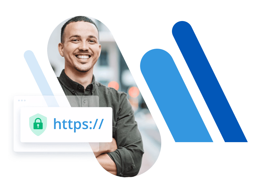 Man and a browser bar displaying an SSL padlock icon